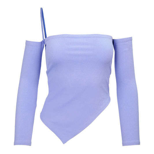 Asymmetrical Off-shoulder Long Sleeve Tee Blue