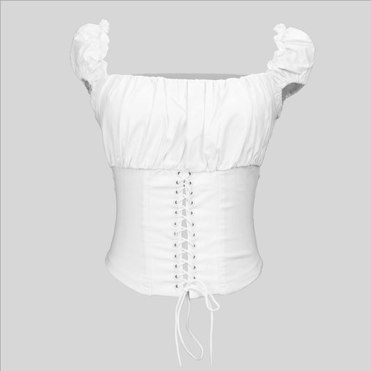 Short Sleeve Square Neckline Lace Up Corset Tank Top