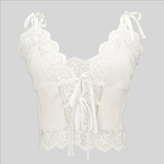 V-neck Solid Floral Lace Bustier Top