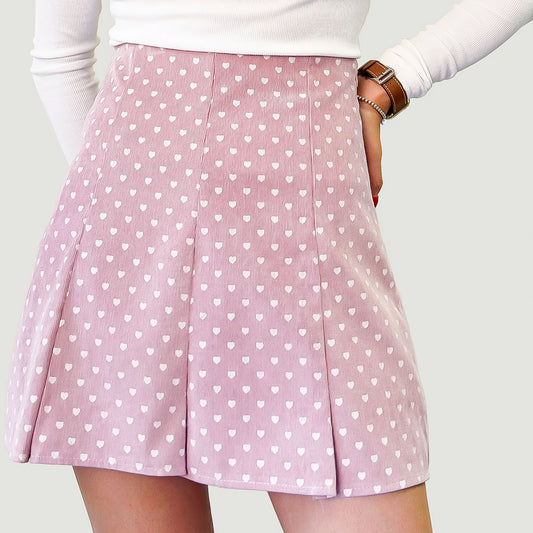 Heart-patterned Corduroy Pleated Mini Skirt