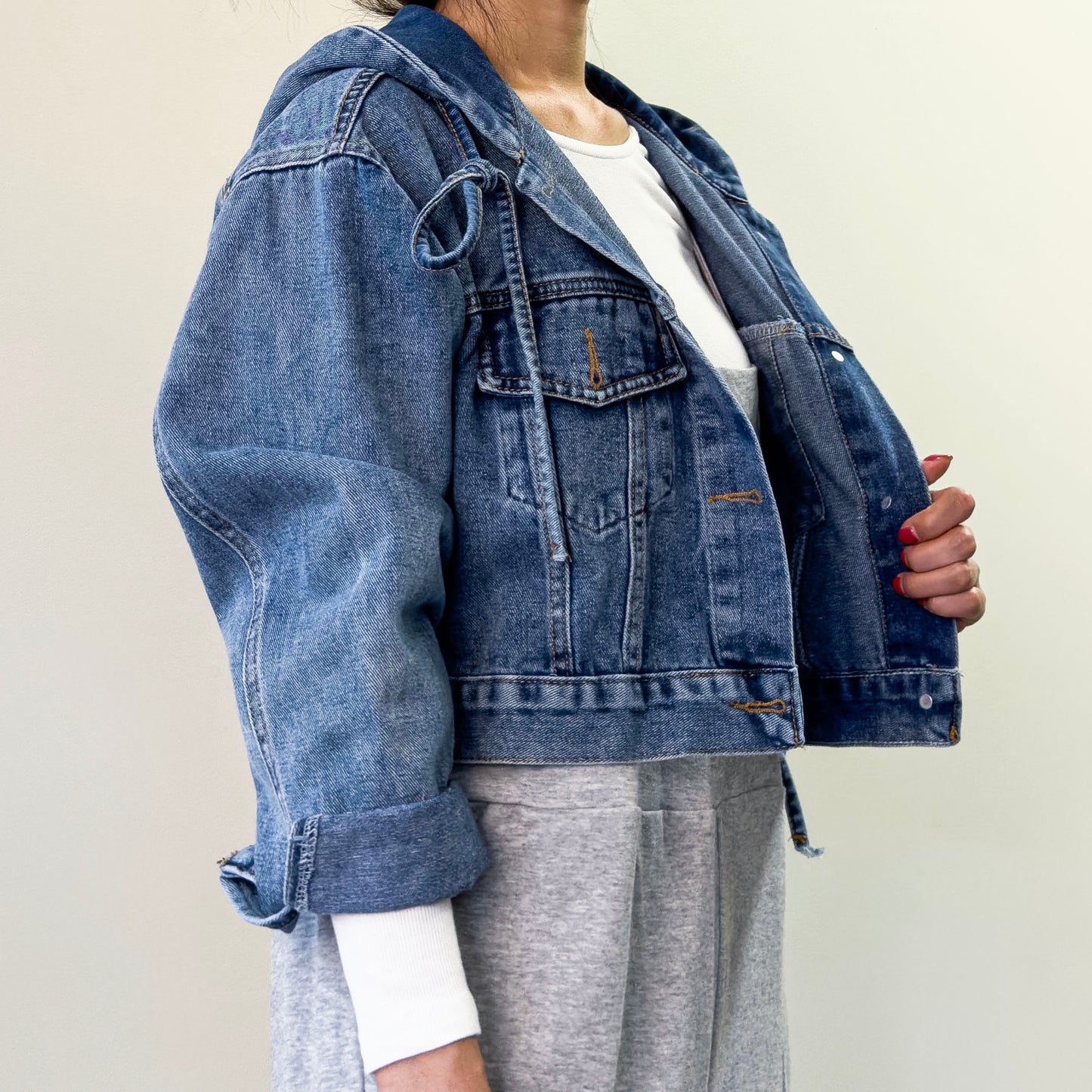 B Hoodie Crop Denim Jacket