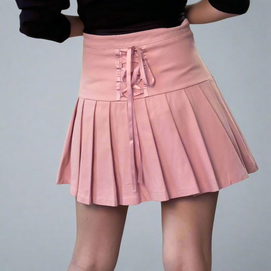 Solid Pleated Mini Skirt with Lace Up Detail